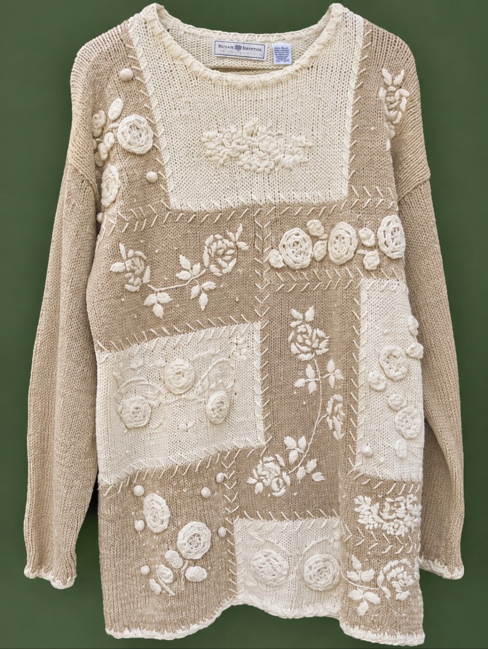 Vintage Maggie Lawrence Patchwork Floral Embroidered Sweater L